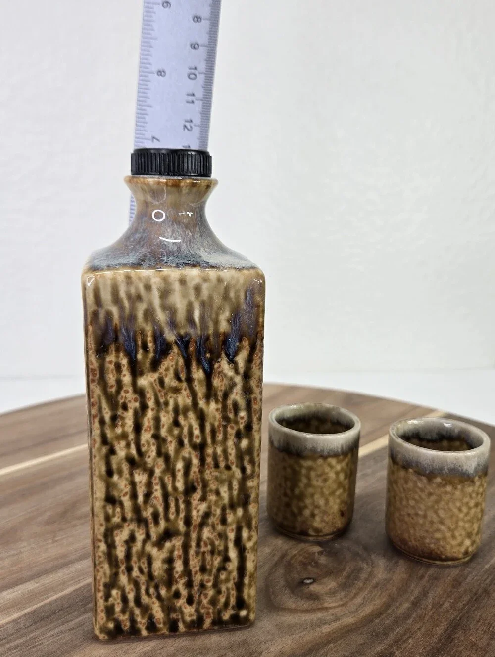 Vintage Japanese Stoneware Sake Drink Set Pottery Brown Lava Drip Glaze Set